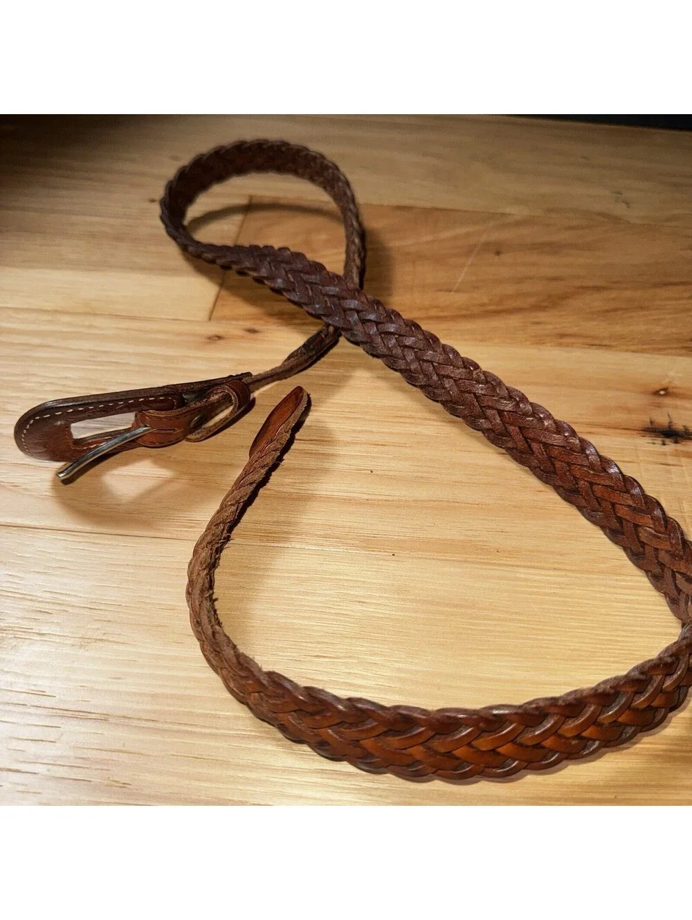 Vintage Leegin Braided Leather Belt Western Tooled Buckle Brown Size L 35”